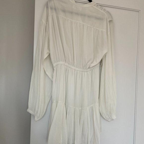 A.L.C. Blouson Long Sleeve Mini Dress White Button Up String Belt Flounce Hem - Picture 8 of 11
